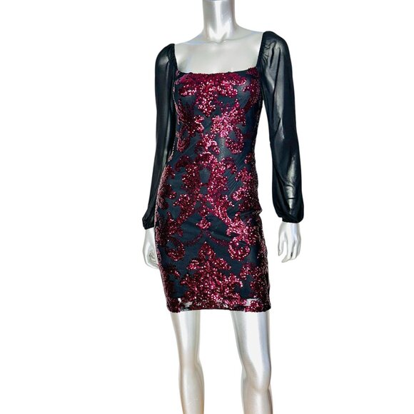 Jump Apparel Black Burgundy Damask Sequin Bodycon Mini Dress - Picture 5 of 11